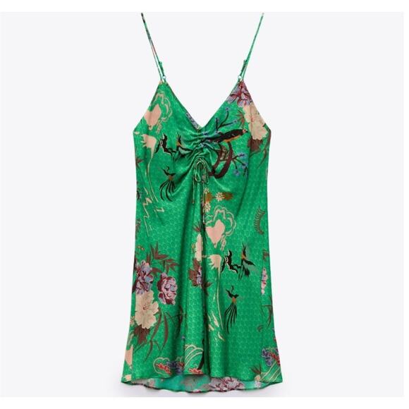 Zara Green Satin Effect Bird Print Slip Dress size Medium - Picture 5 of 8